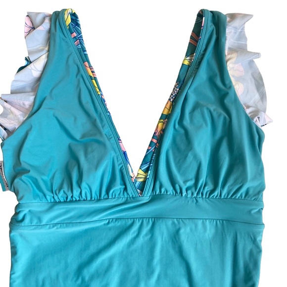 ModCloth The Kelsie Ruffle Blue Floral Plunge Neck One Piece Swimsuit Sz L - Picture 15 of 16